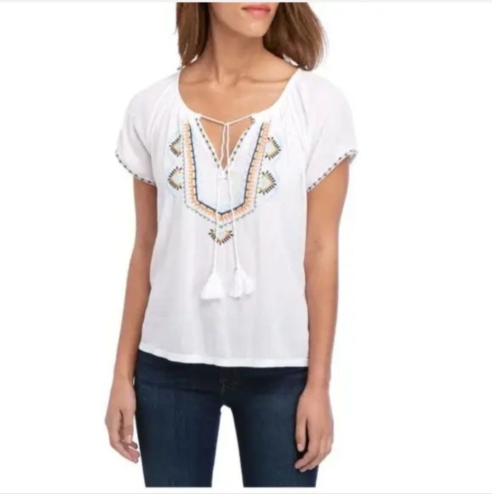 Lucky Brand Shirt Embroidered Short Sleeve Peasant Top Size Med